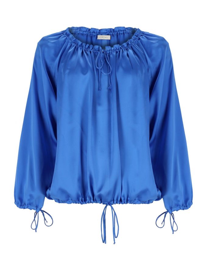 Geraffte Satin-Seidenbluse mit Schnürungen in Royalblau