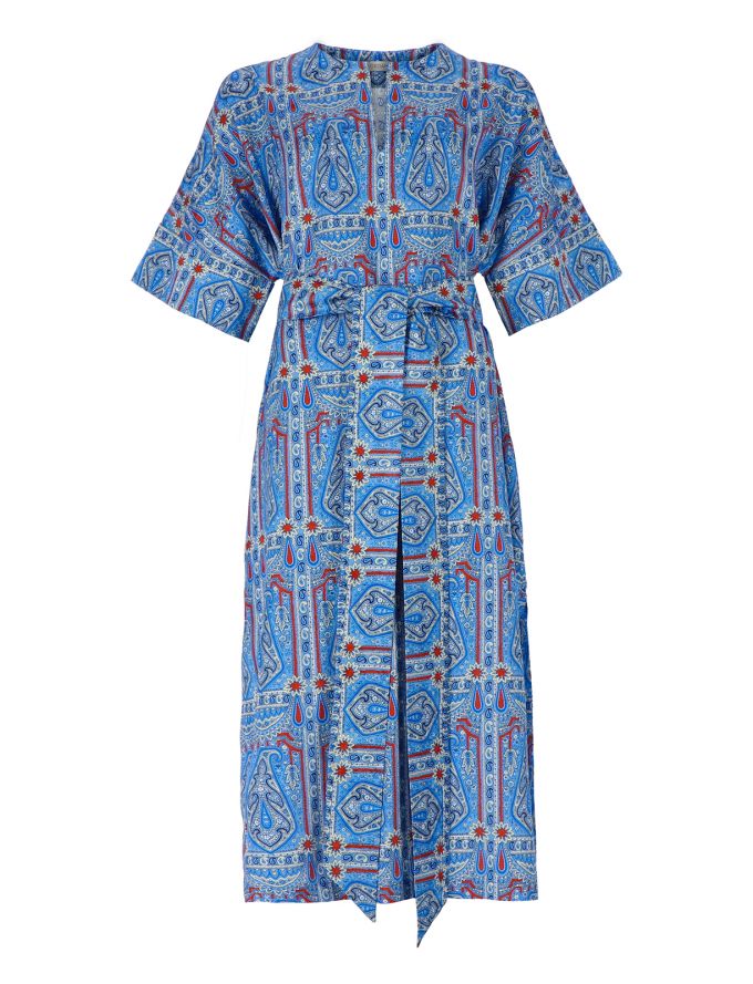 Fliessendes Seiden-Baumwoll-Kaftankleid in blau