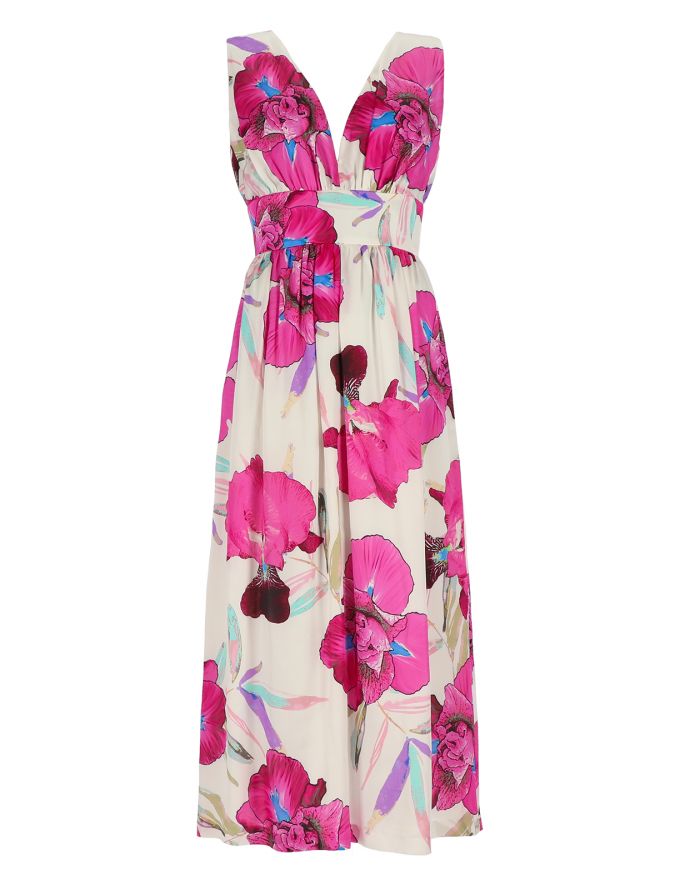 Satin-Seidenkleid mit tiefem V-Ausschnitt und floralem Print